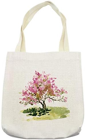 Ambesonne Japán Táska, cseresznyevirág Akvarell Sakura Levelek Vázlat Lombozat, Szövet Textília Újrafelhasználható Táska,