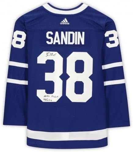Rasmus Sandin Toronto Maple Leafs Dedikált Kék Adidas Hiteles Jersey NHL-ben Debütált 10/2/19 Felirat, - Dedikált NHL-Mezek