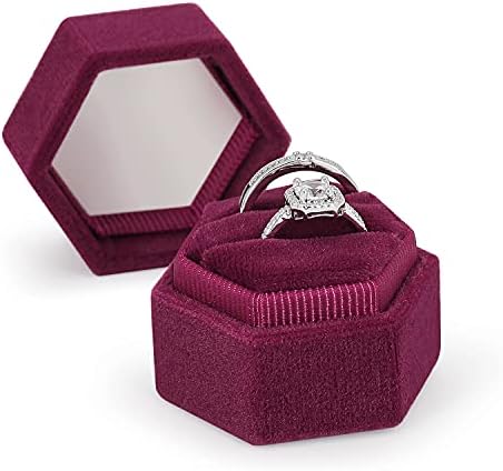 Flexzion Bársonyos ékszeres Doboz - 2-Slot Hatszög Gyűrű Esetében Esküvői jegygyűrűt Doboz Esküvői Fotó - Luxus Bársony Kijelző