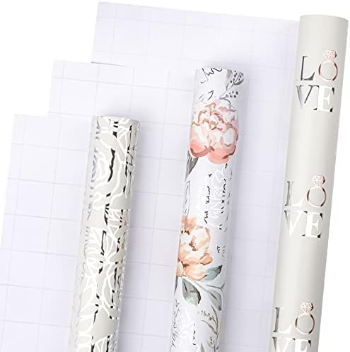 LeZakaa Ezüst Csomagolópapír-Tekercs - Mini Roll - Virág & Szeretet, Gyűrű Fém Fólia Design Esküvő, Eljegyzés,leánybúcsú