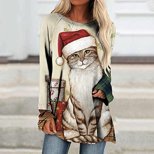 Karácsonyi Maximum Tunika Blúz, Női Aranyos Macska Printed Hosszú Ujjú Legénység Nyak Laza Póló Hosszú Karácsonyi Pulóver