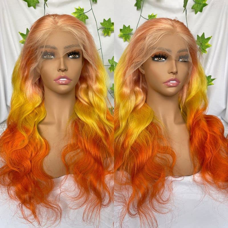 Dreambeauty Ombre Rózsaszín, Sárga, Narancssárga Szín 13x4 HD Átlátszó Csipke Elöl Emberi hajból készült Paróka, a Nők 150%