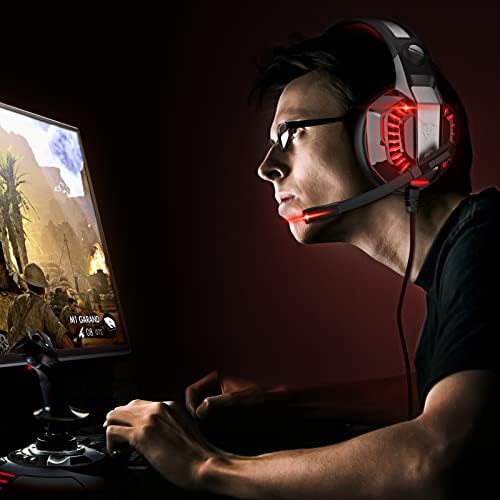 Foyose Gaming Headset a PS4 PS5 Xbox, PC, PS4 Headset zajszűrős Mikrofon, Puha Memória Fülvédő Mac Laptop (Fekete-PIROS),