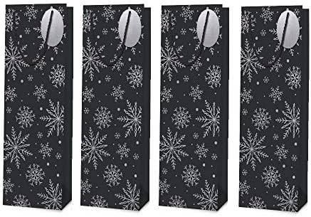 A Haza Fusion Cég Készlet 4 X Karácsony Karácsonyi Fekete Üveg Bor Ajándék, Ajándék Táska Ezüst Design Rénszarvas Hópehely