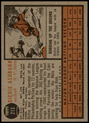 1962 Topps 213 Richie Ashburn New York Mets (Baseball Kártya) EX Mets