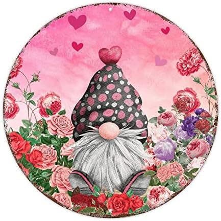 Vörös Rózsa Gnome Fém Tábla Valentin Nap Rózsaszín Rózsa Szív Gnome Kerek Fém Adóazonosító Jel Rózsaszín Rózsa Szív Fém Fali
