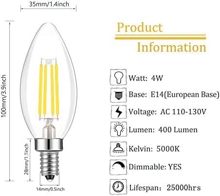 Lamsky E14 LED Izzó Szabályozható,110V 400LM 40W Egyenértékű Nappal 5000K,E14 Európai Alap Gyertyatartót LED Izzók,Átlátszó