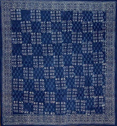 Kezét Blokk Nyomtatott Tér Dabu Pamut Terítő 70 x 70 Indigó Kék