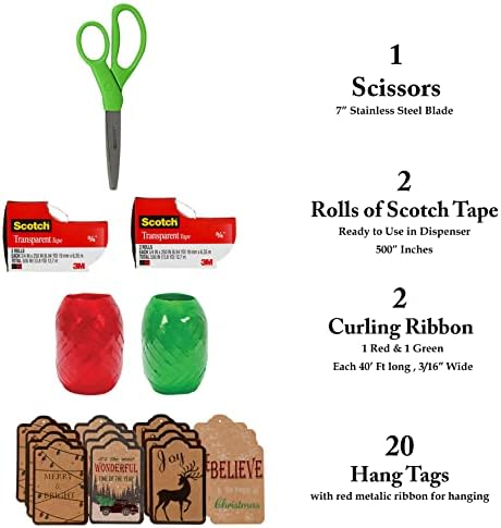 Ajándék Wrap Teljes Essentials Készlet - Olló Szalag Szalag & 20 Lógni Címkék - Karácsony Nyaralás Csomagolás Set - Zöld