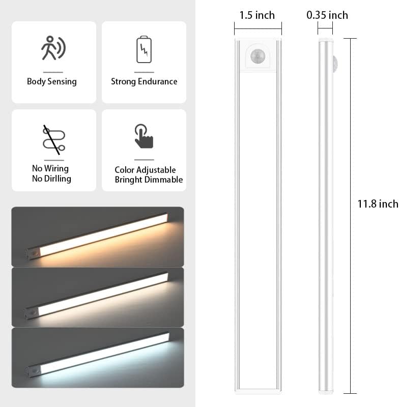 Holen Darrel LED Mozgásérzékelő Szekrény Világítás, Pult Alatt Szekrény Világítás, 11.8 hüvelyk Vezeték nélküli USB Újratölthető