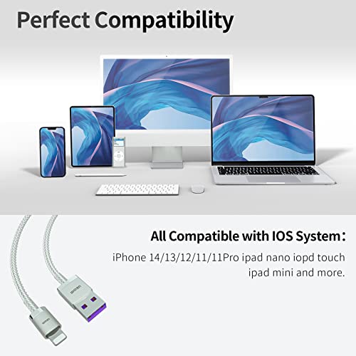 THUCLOYO 2M Teflon Anyag 2.6 MM-es ezüstözött Fonott Lightning Kábel, USB-EGY Villám kábel Kábel, Kompatibilis iPhone 14