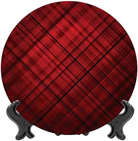 XISUNYA 7 Hüvelykes Piros-Fekete Mintás Kerámia Dekoratív tábla,Skót Szoknya Minta Kerámia Kő Dekoratív tábla Dekoráció Kiegészítő