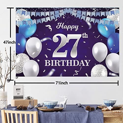 Boldog 27 Születésnapot Banner Hátteret, Navy Kék Lufi, Konfetti, Csíkos Zászló Világos Foltok Egészségedre 27 Éves Téma