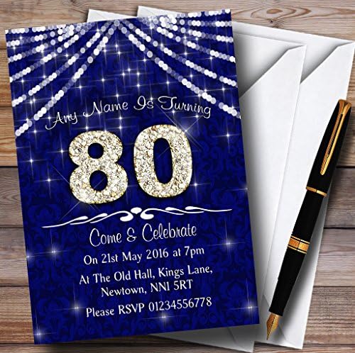 80. Navy Blue & White Bling Szikra, Szülinapi Parti Személyre szóló Meghívók
