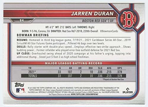 Baseball Trading Card MLB 2022 Bowman 84 Jarren Duran NM Közelében Menta RC Újonc Red Sox